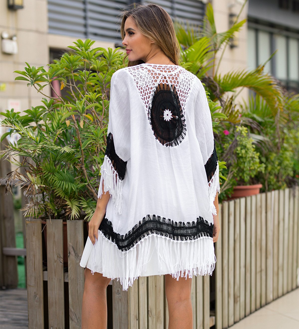 Black And White Crochet Patchwork Loose Fringed Cardigan