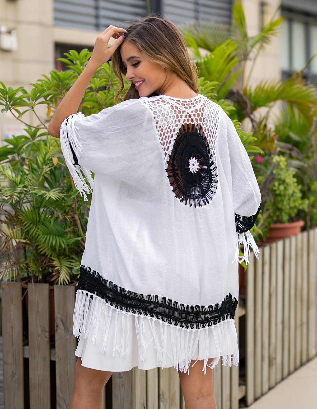 Black And White Crochet Patchwork Loose Fringed Cardigan