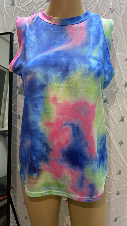 Women'S Top Collar Tie-Dye Printing Vest T-Shirt