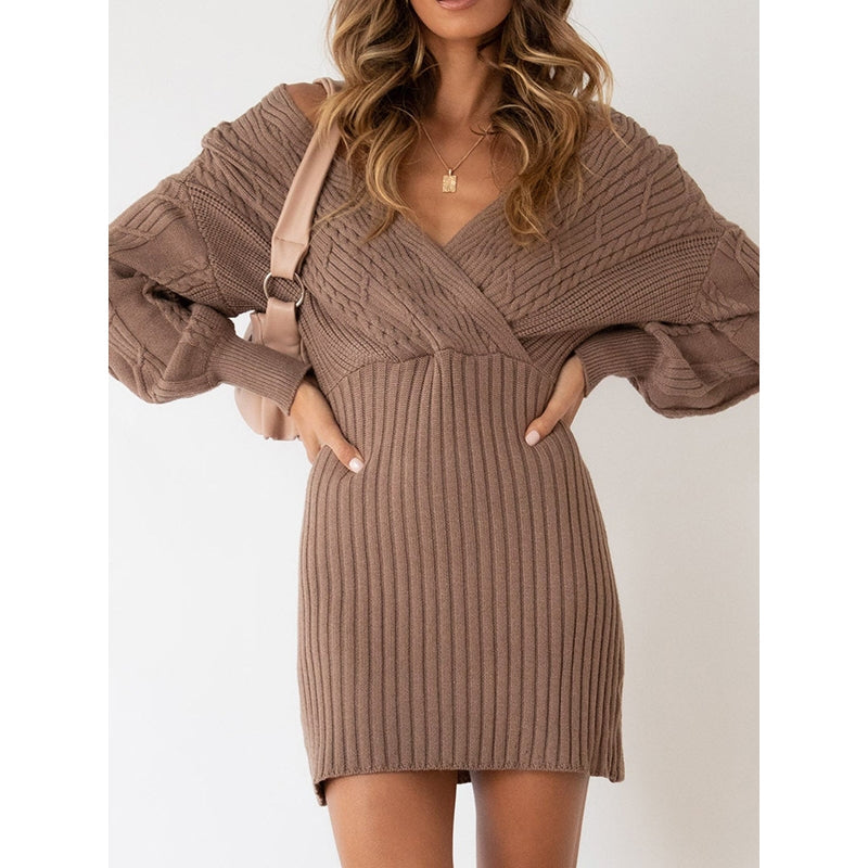 Original Wrap Long Sleeves Jacquard Solid Color Deep V-Neck Sweater Dresses
