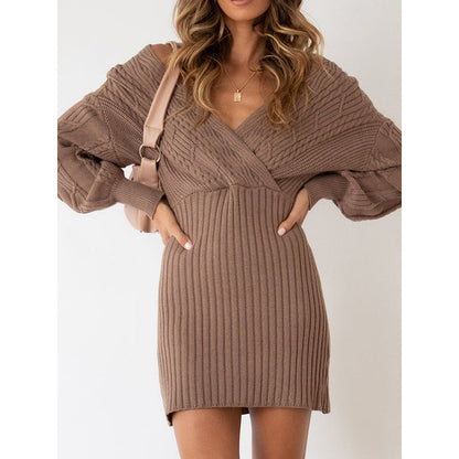 Original Wrap Long Sleeves Jacquard Solid Color Deep V-Neck Sweater Dresses