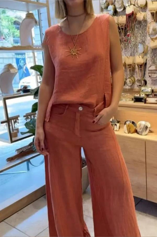 Cotton and linen solid color sleeveless trousers two-piece suit