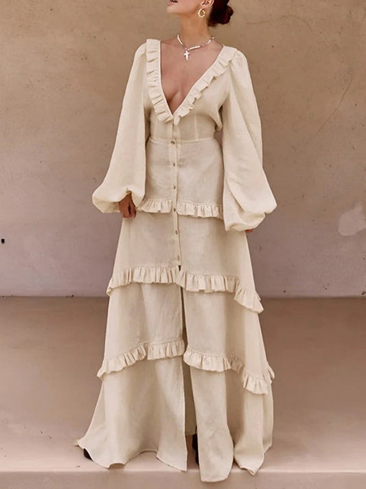 A-Line Long Sleeves Buttoned Elasticity Pleated Ruffle Trim Solid Color Split-Joint Tied Waist Deep V-Neck Maxi Dresses