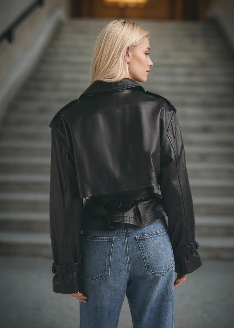 Faux Leather Cropped Belted Trench Jacket