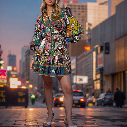 Floral Round Neck Cinched Waist Tie Ruffle Hem Dress