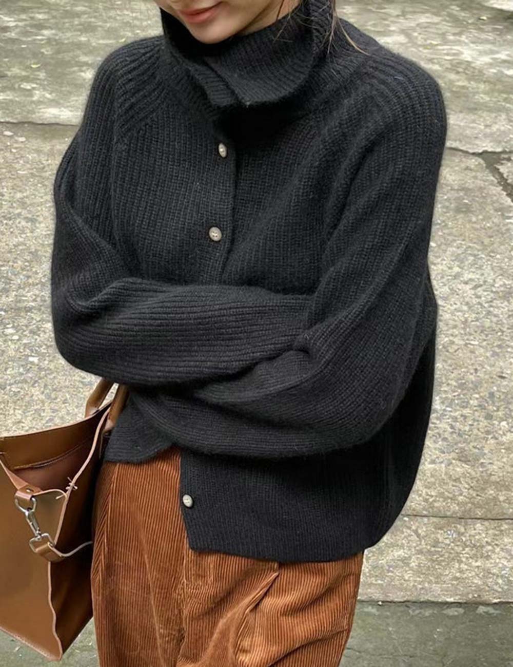 Solid Color Single Button Loose Ribbed Knit Cardigan