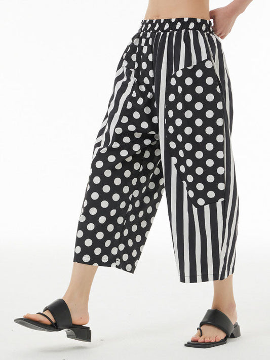 Cropped Loose Polka-Dot Split-Joint Striped Casual Pants Bottoms Cropped Trousers