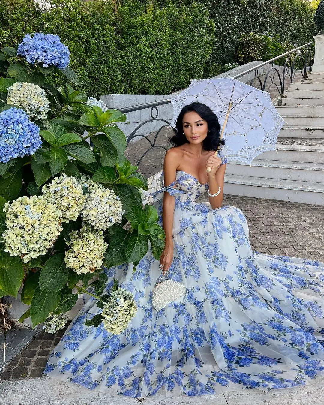 Floral Tie Strap Maxi Dress In Blue