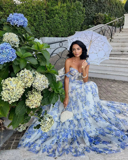 Floral Tie Strap Maxi Dress In Blue