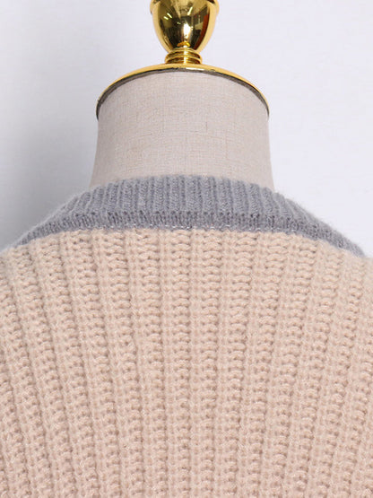 Stylish Denim Knitting Split-Joint Contrast Color Sweater Top