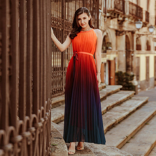 Gradient Oversized Skirt Crewneck  Sleeveless Tie Dress