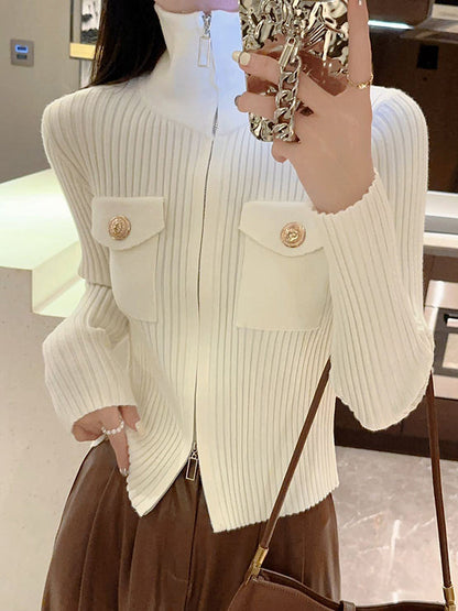 Solid Color Retro Pockets  Zipper Long Sleeves Stand Collar Sweater