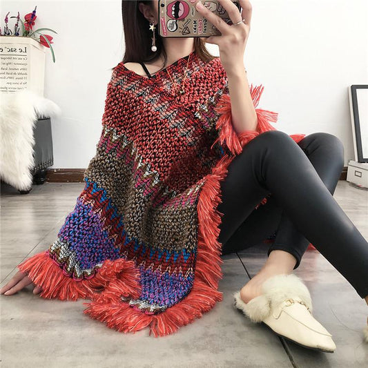 National Hood Shawl Knitted Spring And Summer Jacket Horse Sea Hair Tassel Scarf Coat Women Long Shawl Leisure