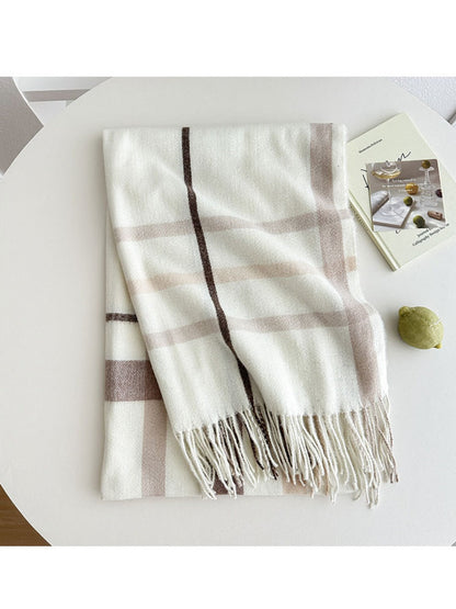 Scarvii - Reversible Color-Block Plaid Scarf with Fringe
