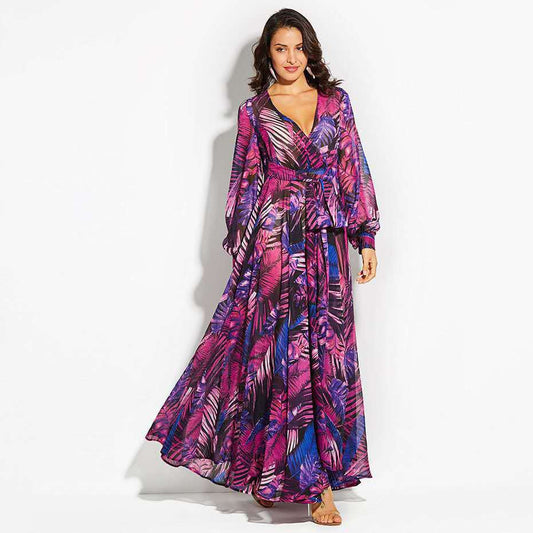 Spring And Summer New Print Dress V-Neck Balloon Sleeve 3-Color Dress