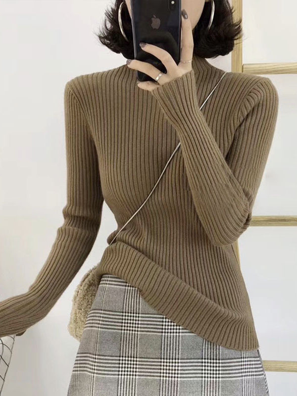 9 Colors Knitting Split-Joint Solid Color High-Neck Sweater