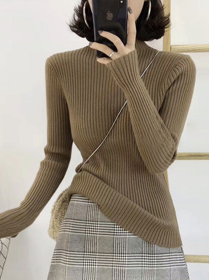 9 Colors Knitting Split-Joint Solid Color High-Neck Sweater