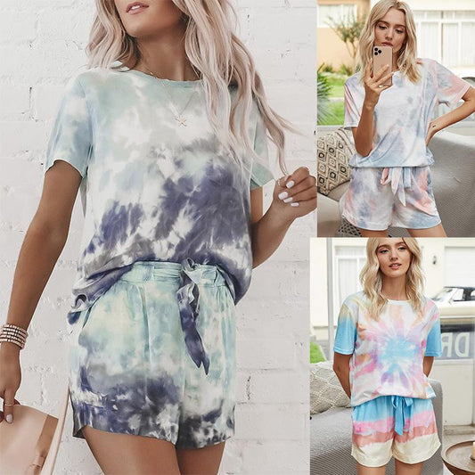 Summer Printed Dyed Pajamas With Short Sleeved Gradient-Colored Draw-Down Home Clothing Set