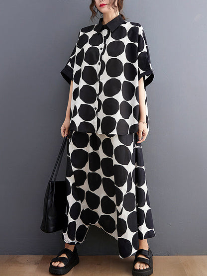 Original Loose Polka-Dot Blouse&Harem Pants 2 Pieces Set