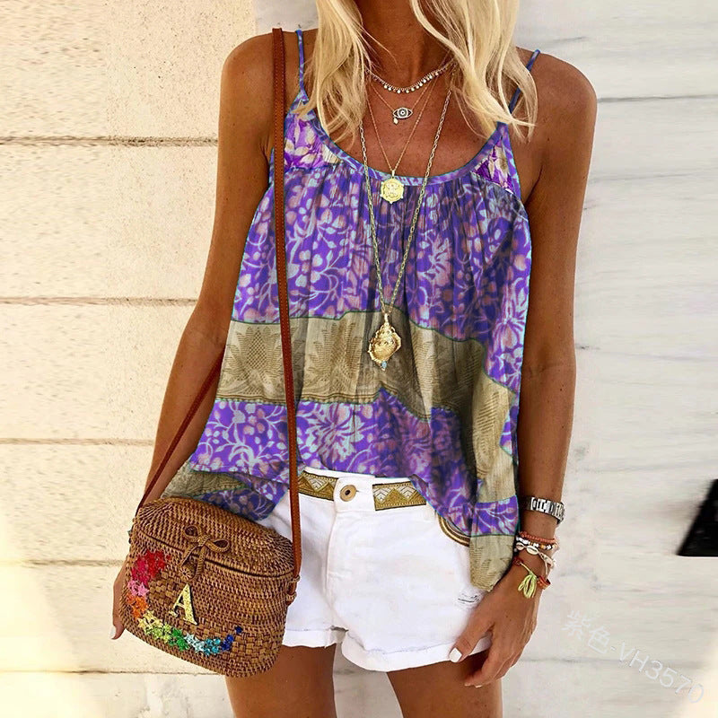 Fashion Casual Camisole Women Loose Print Ethnic Style Beach Camisole T-Shirt