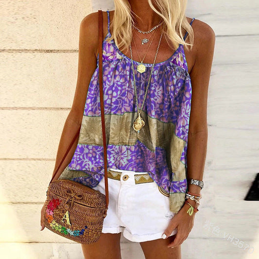 Fashion Casual Camisole Women Loose Print Ethnic Style Beach Camisole T-Shirt