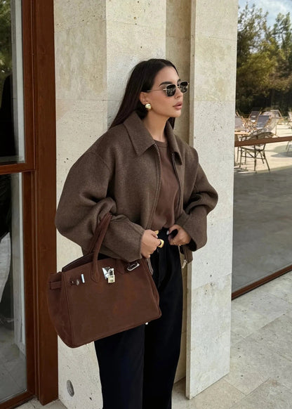 Woolen Lapel Jacket With Front Zipper Closure