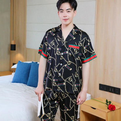 Autumn Couple Ice Silk Pajamas Women Fashion Short Sleeve Suit Men Korean Leisure Silk Ladies Cardigan Home Service