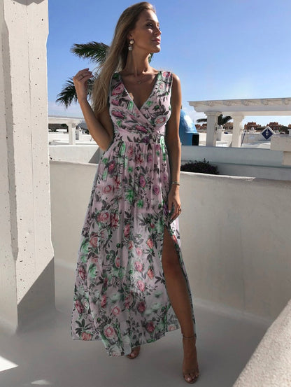 Printed Chiffon Dress Sleeveless Beach Fork Long Skirt.