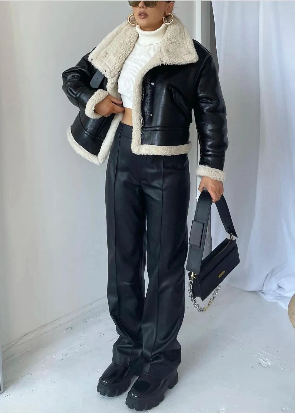 Faux Leather Jacket With Shearling Lining And Cropped Fit