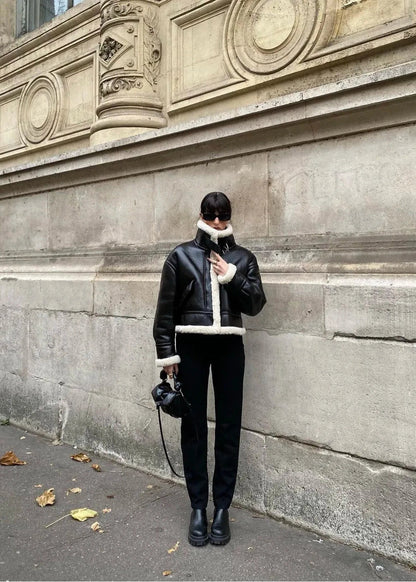 Faux Shearling Black Jacket Cropped Plush Collar