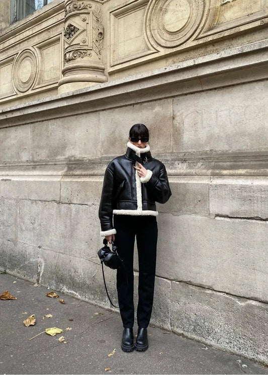 Faux Shearling Black Jacket Cropped Plush Collar