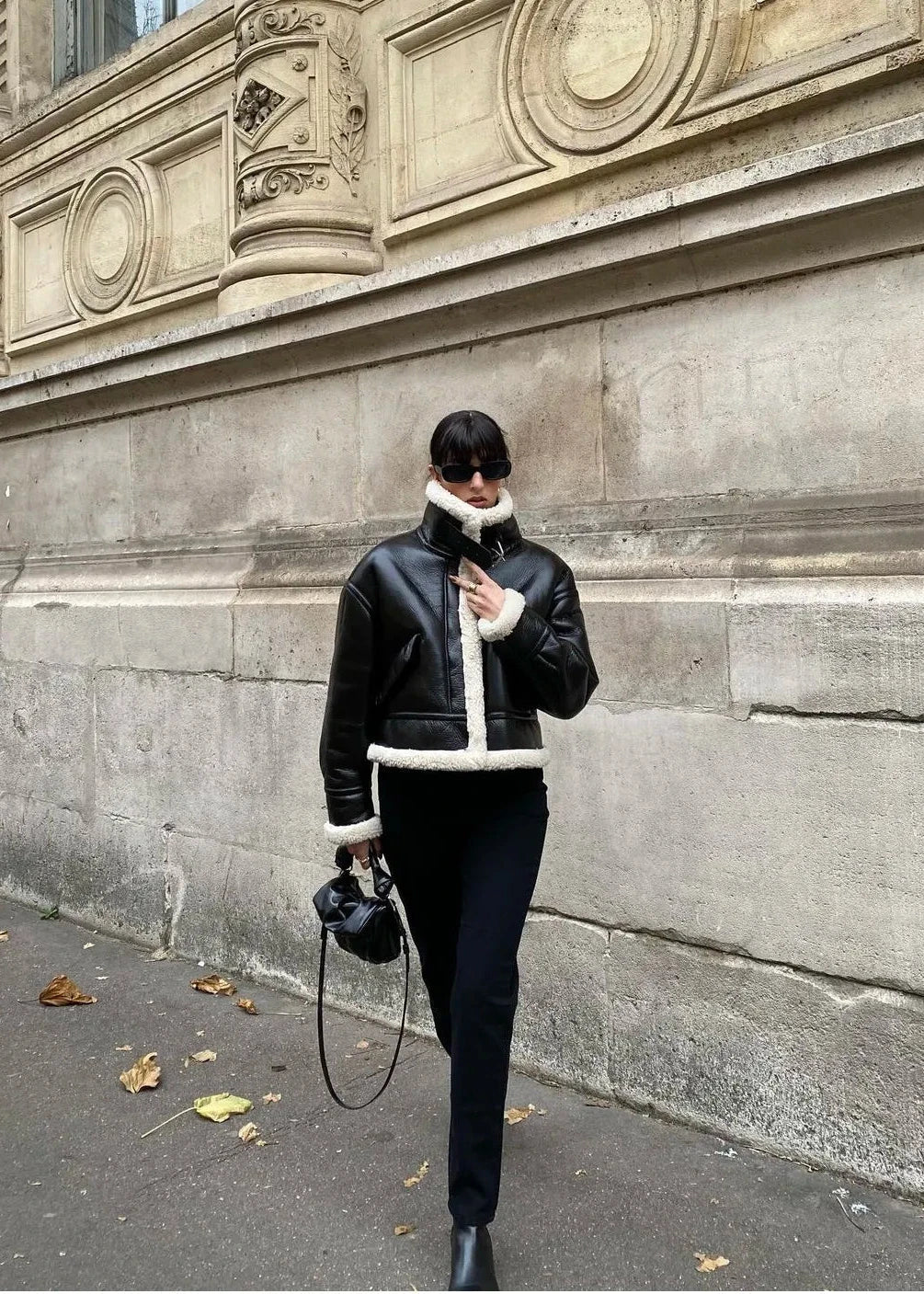 Faux Shearling Black Jacket Cropped Plush Collar