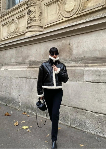 Faux Shearling Black Jacket Cropped Plush Collar