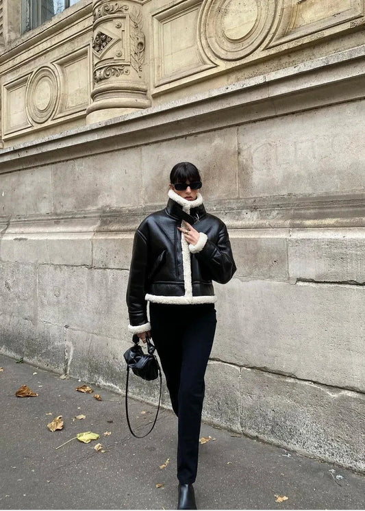 Faux Shearling Black Jacket Cropped Plush Collar