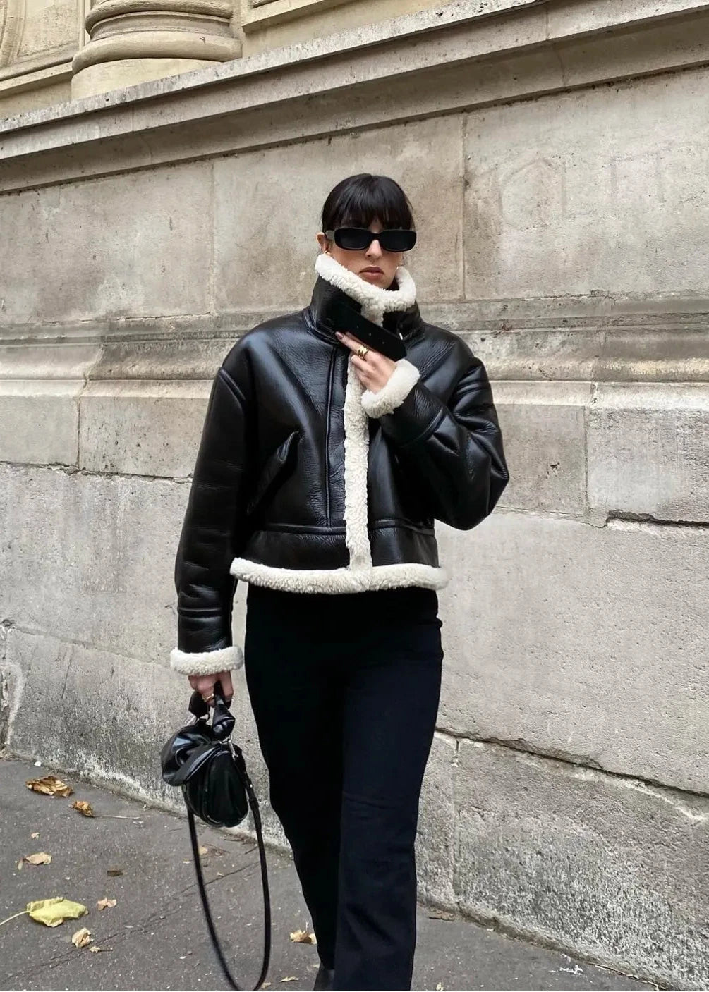 Faux Shearling Black Jacket Cropped Plush Collar