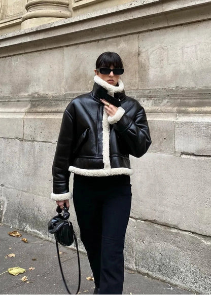 Faux Shearling Black Jacket Cropped Plush Collar