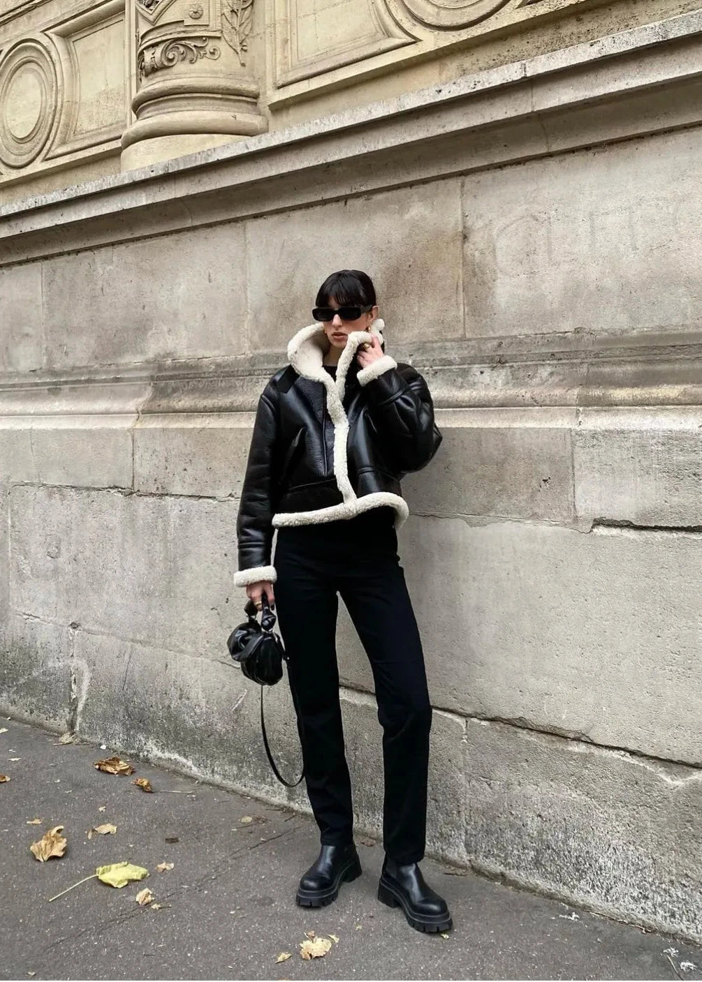 Faux Shearling Black Jacket Cropped Plush Collar