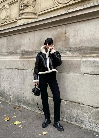Faux Shearling Black Jacket Cropped Plush Collar