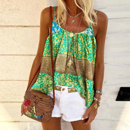 Fashion Casual Camisole Women Loose Print Ethnic Style Beach Camisole T-Shirt