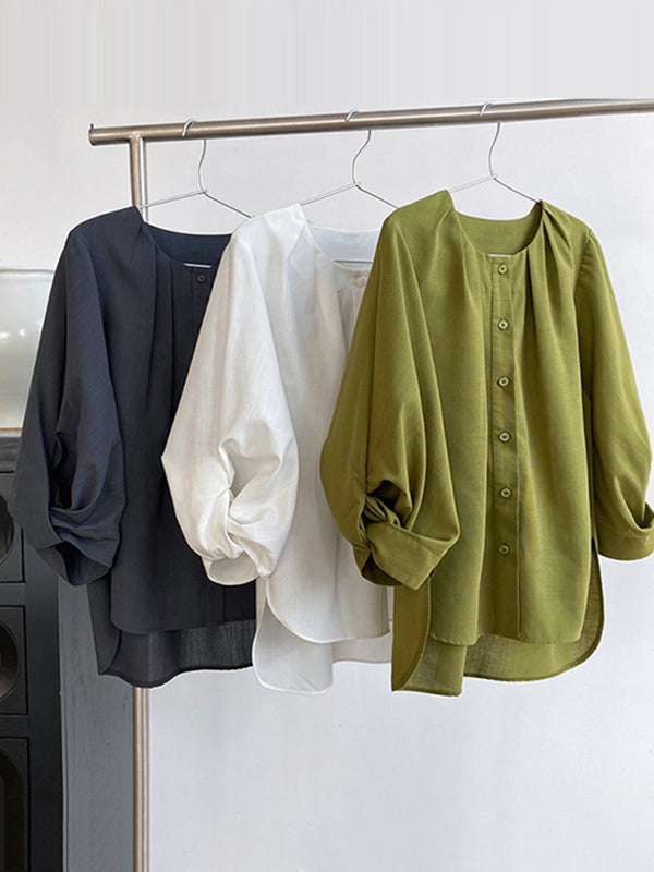 High-Low Loose Pleated See-Through Solid Color Split-Joint Round-Neck Blouses