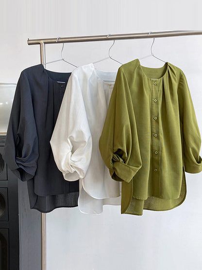 High-Low Loose Pleated See-Through Solid Color Split-Joint Round-Neck Blouses