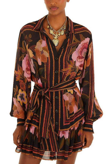 Vintage floral striped waist shirt dress