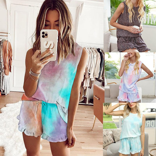 Summer Style Tie Dyed Leopard Print Pajamas Sleeveless Gradient Home Wear Set