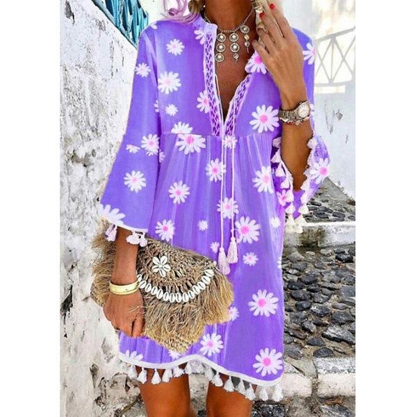 Summer New Style Printed Daisy Ruffled Fringed V-Neck Dress