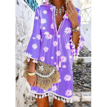 Summer New Style Printed Daisy Ruffled Fringed V-Neck Dress