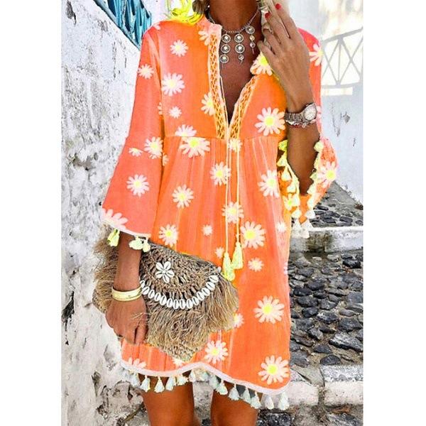 Summer New Style Printed Daisy Ruffled Fringed V-Neck Dress