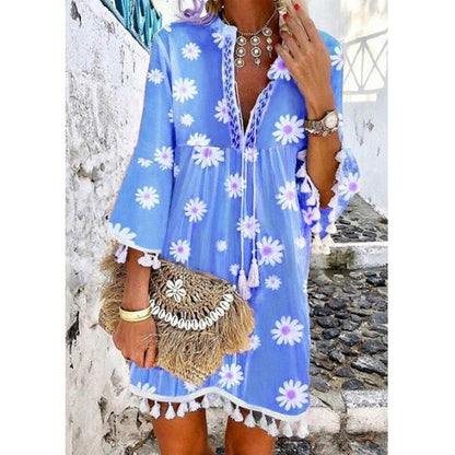Summer New Style Printed Daisy Ruffled Fringed V-Neck Dress