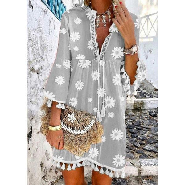 Summer New Style Printed Daisy Ruffled Fringed V-Neck Dress