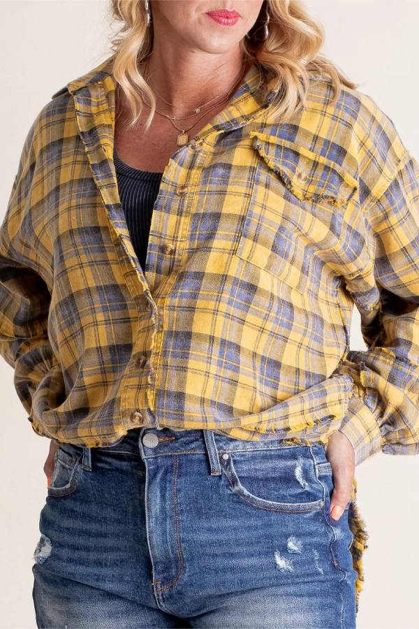 Women's Mineral Washed Button Down Plaid Flannel Shirt