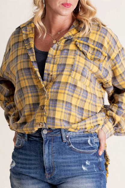 Women's Mineral Washed Button Down Plaid Flannel Shirt